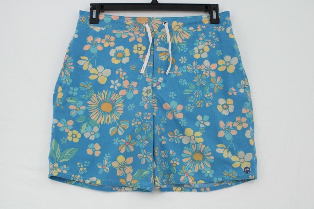 Johnnie-O Breslin Swim Trunks Mens Medium Blue Floral Lined Pockets Aloha Beach